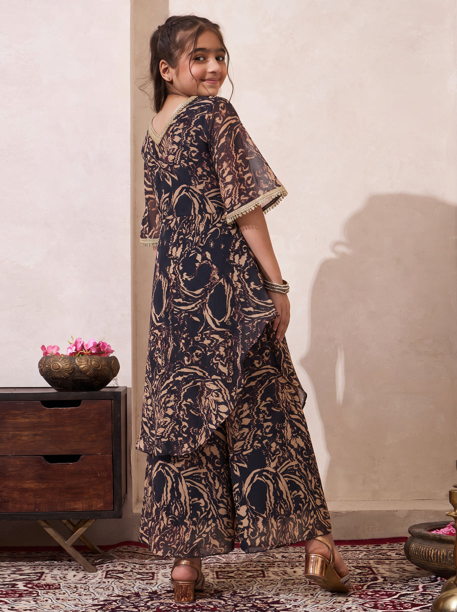 Black Abstract Print Chiffon One Shoulder Kurta With Palazzo