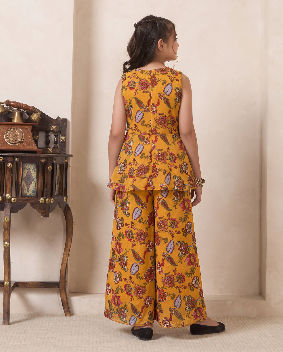 Girl's Mustard Paisley Print Peplum Top & Palazzo Set