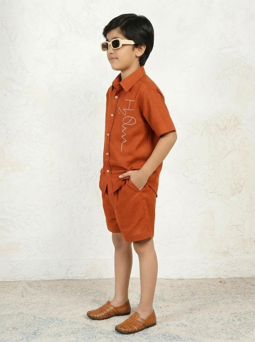 Rust Shirt Collar Solid Tan Embroidered Cotton Shirt With Shorts