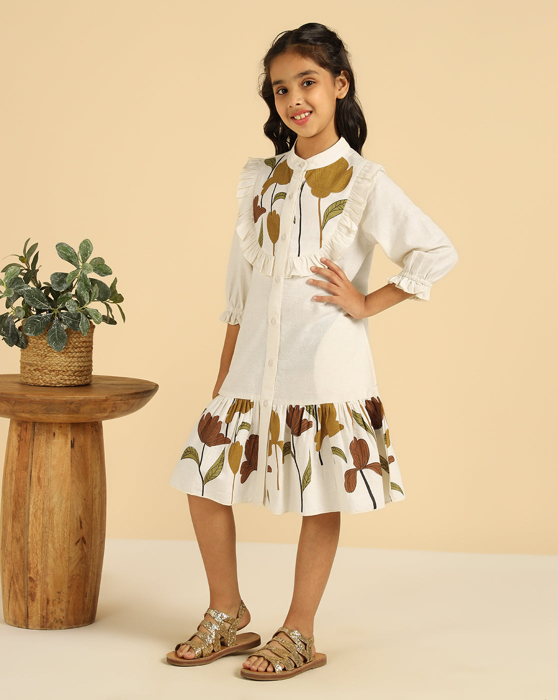 Off White Pure Cotton Floral Printed Girls Tiered Shirt Dress
