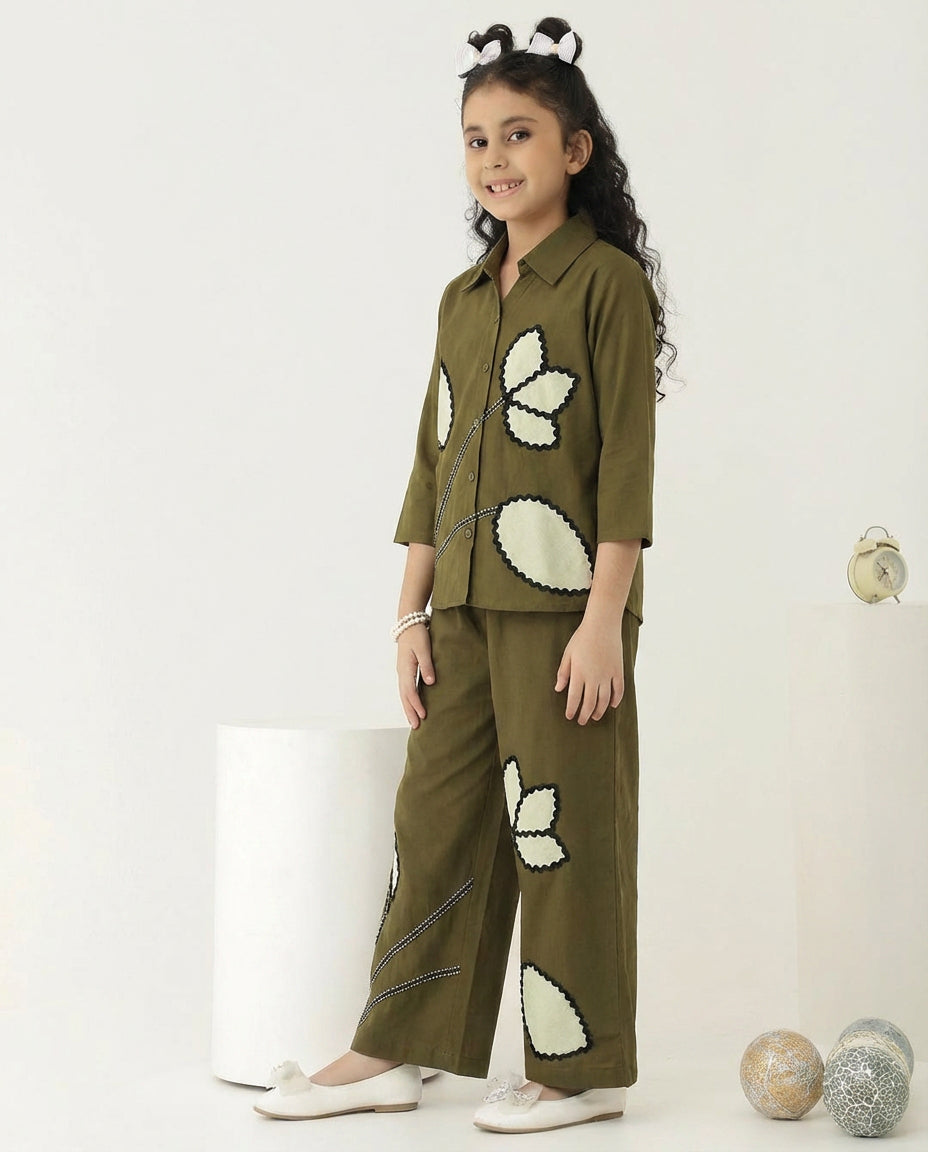 Olive Green Cotton  Patch Floral Shirt With Pant Girl Co-ord Set