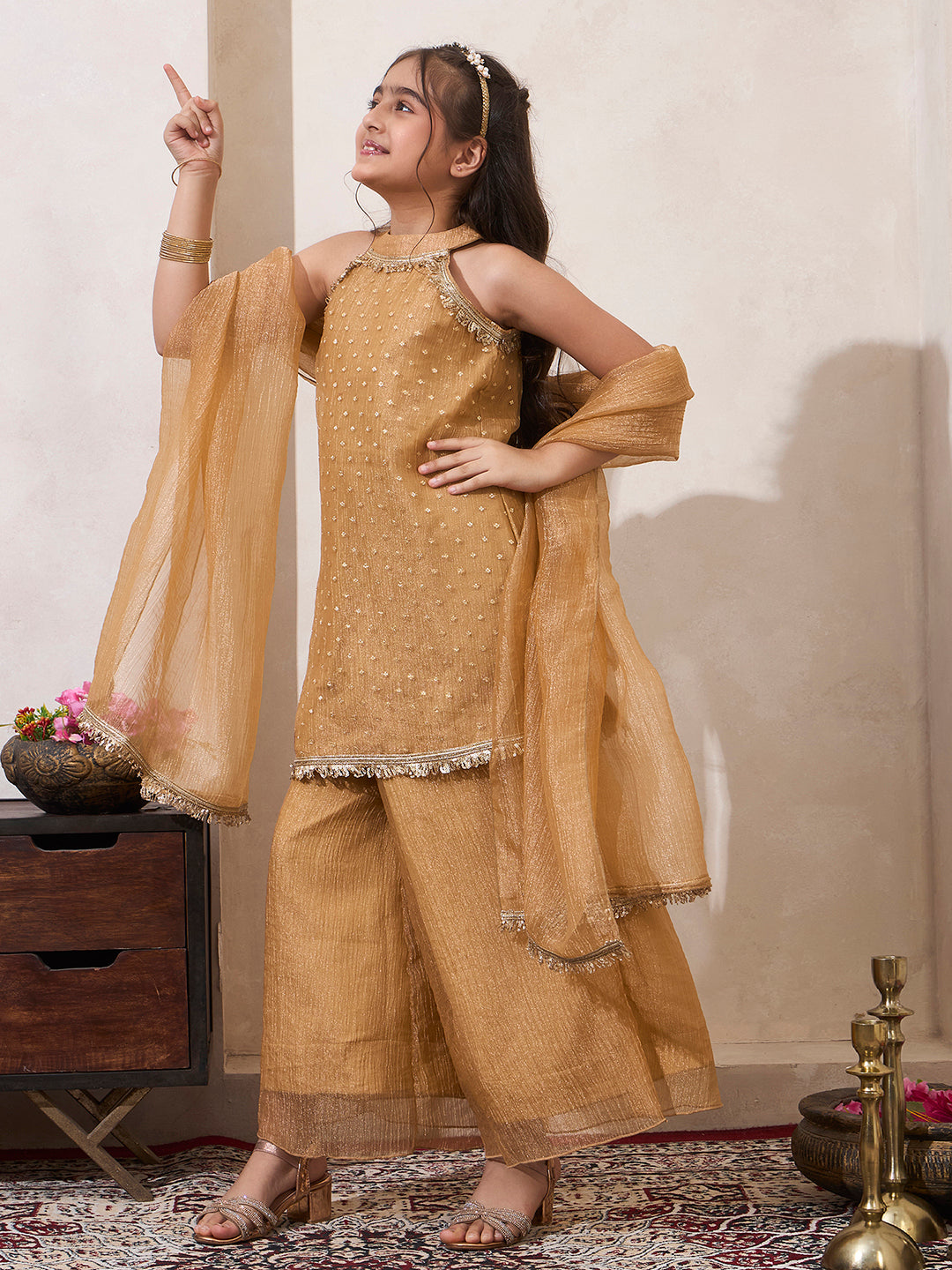 Golden Shimmer Butti Work Halter Neck Kurti & Palazzo With Dupatta