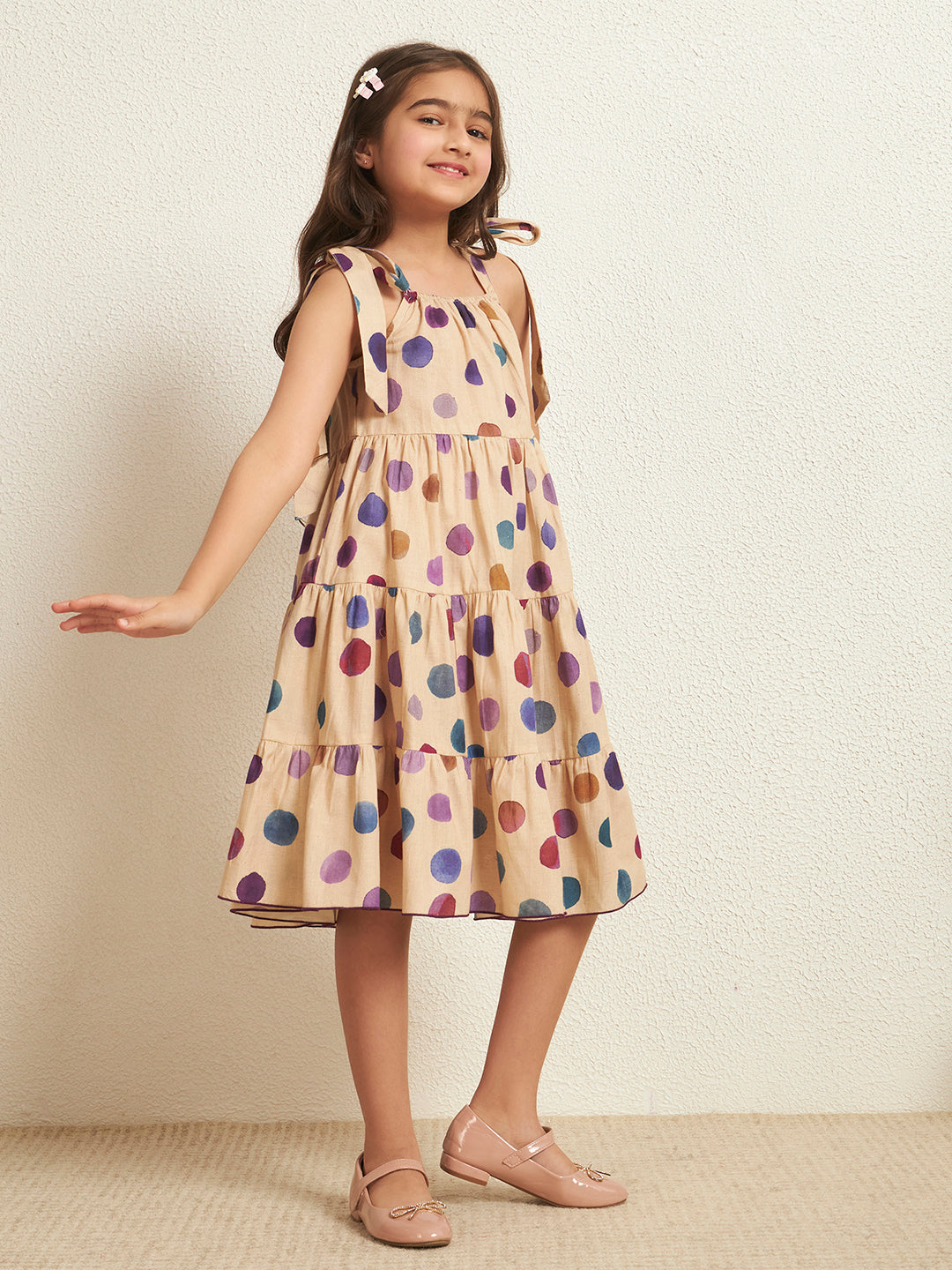 Girl's Multi Color Cotton Flex Polka Knot Tie-Up Style Dress