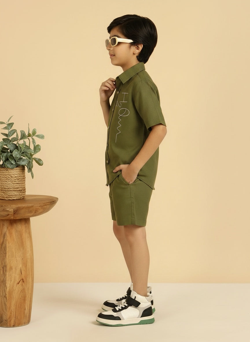 Olive Green Cotton Shirt Collar Solid Green Cotton Shirt With Shorts