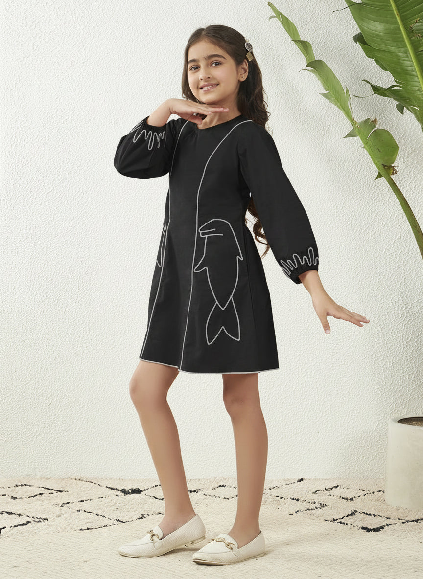 Fish Motif Black Brown Cotton Panel Dress