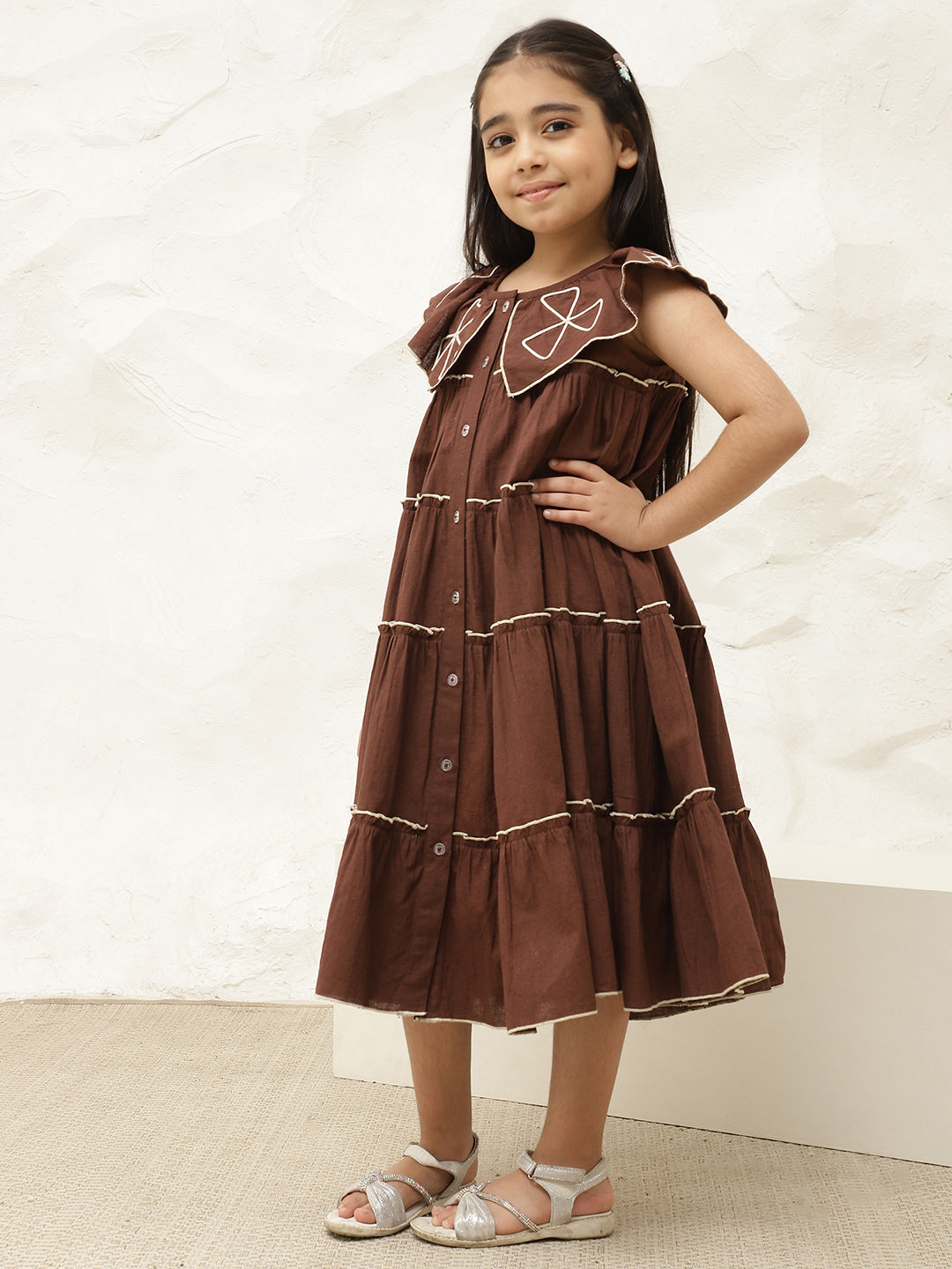 Pure Cotton Brown Embroidered Tiered Dress
