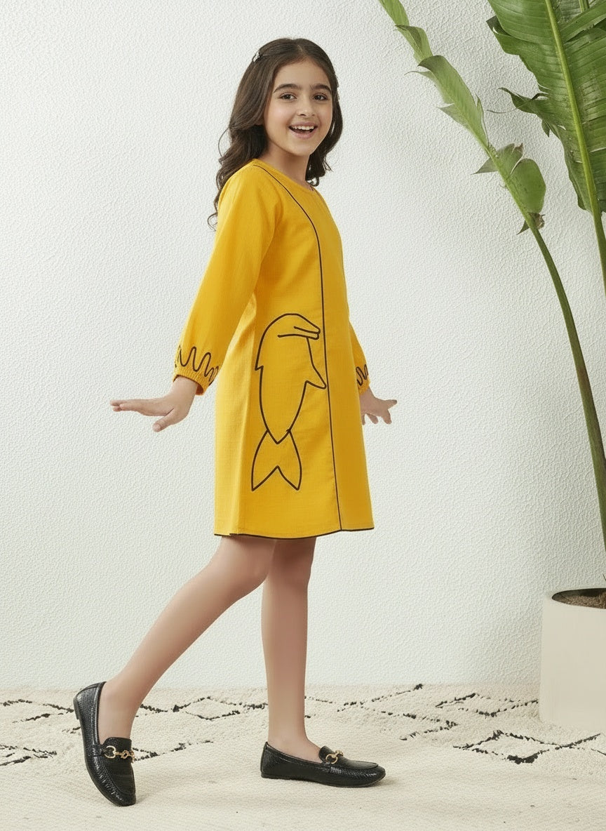 Yellow Cotton Fish Motif Above Knee Length Dress