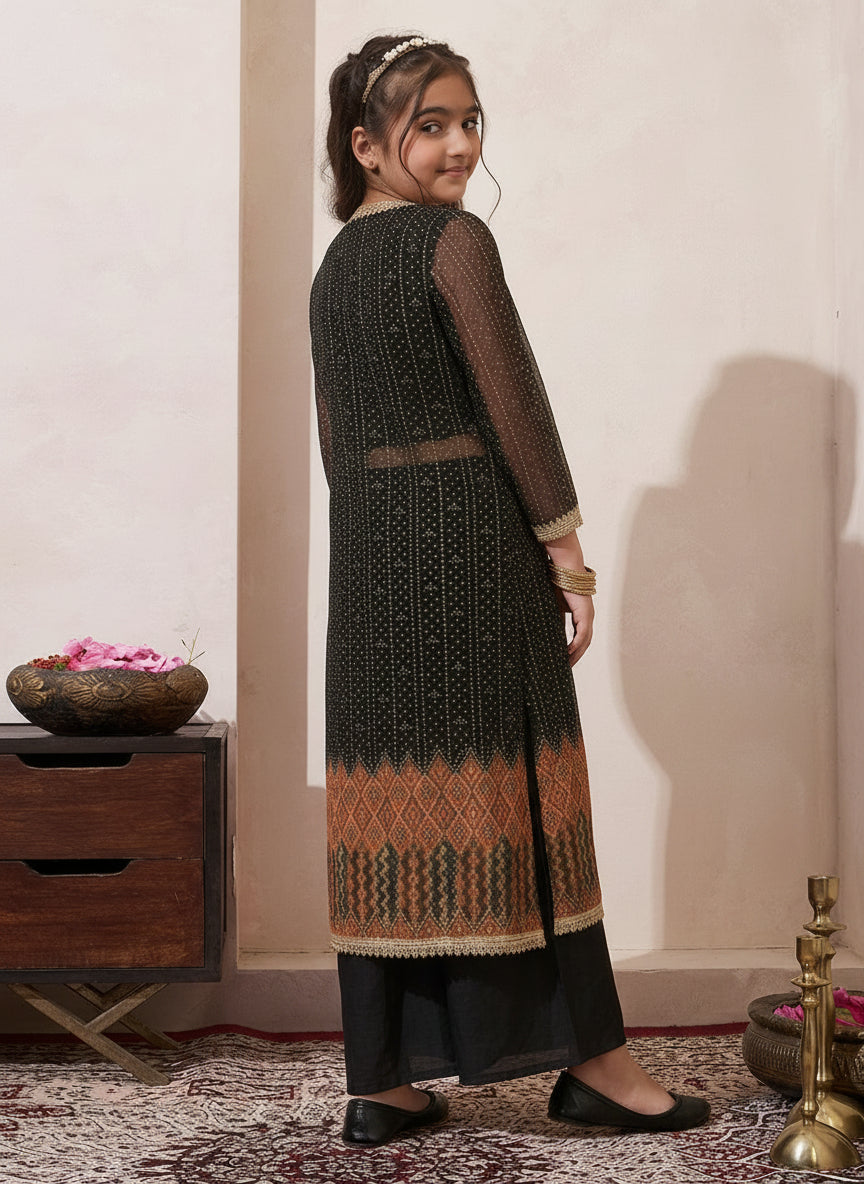Black Chiffon Bandhani Boder Shrug With Top & Palazzo Set