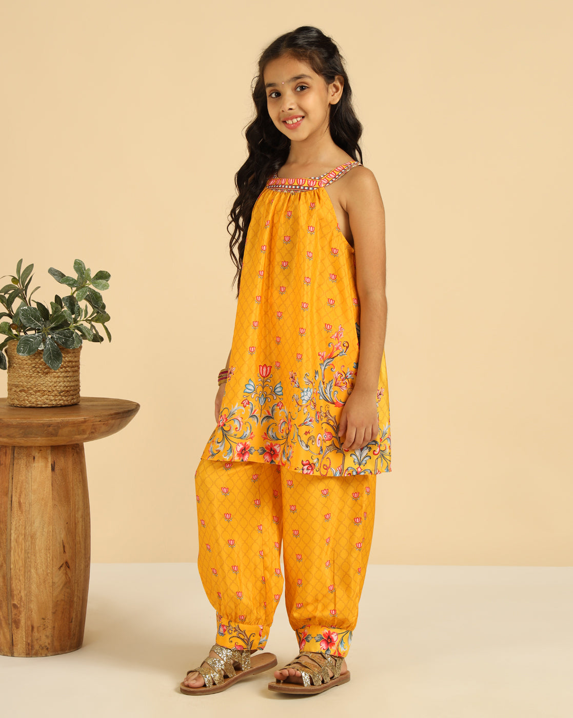 Yellow Halter Neck Top With Gathered Pant Indo Western Girls Co-Ord Set