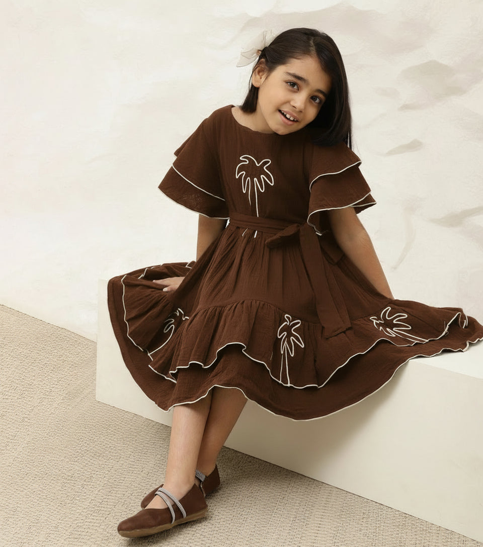 Embroidered Palm Motif Pure Cotton Dark Brown Dress For Girls