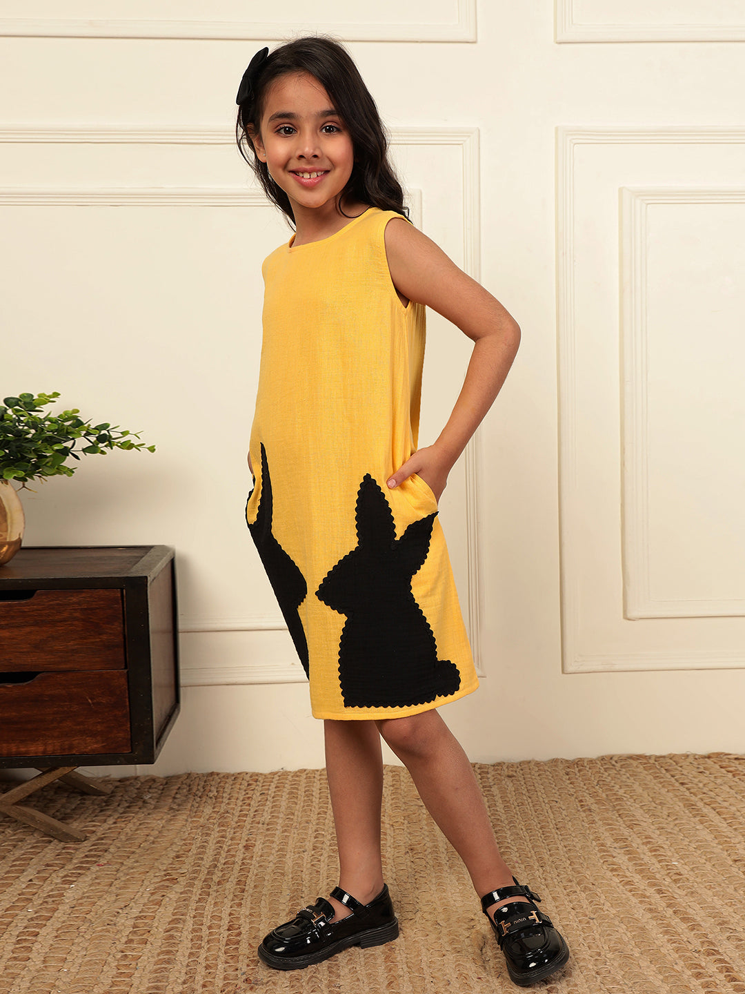 Playful Bunny Lemon Yellow Cotton Gauze Dress