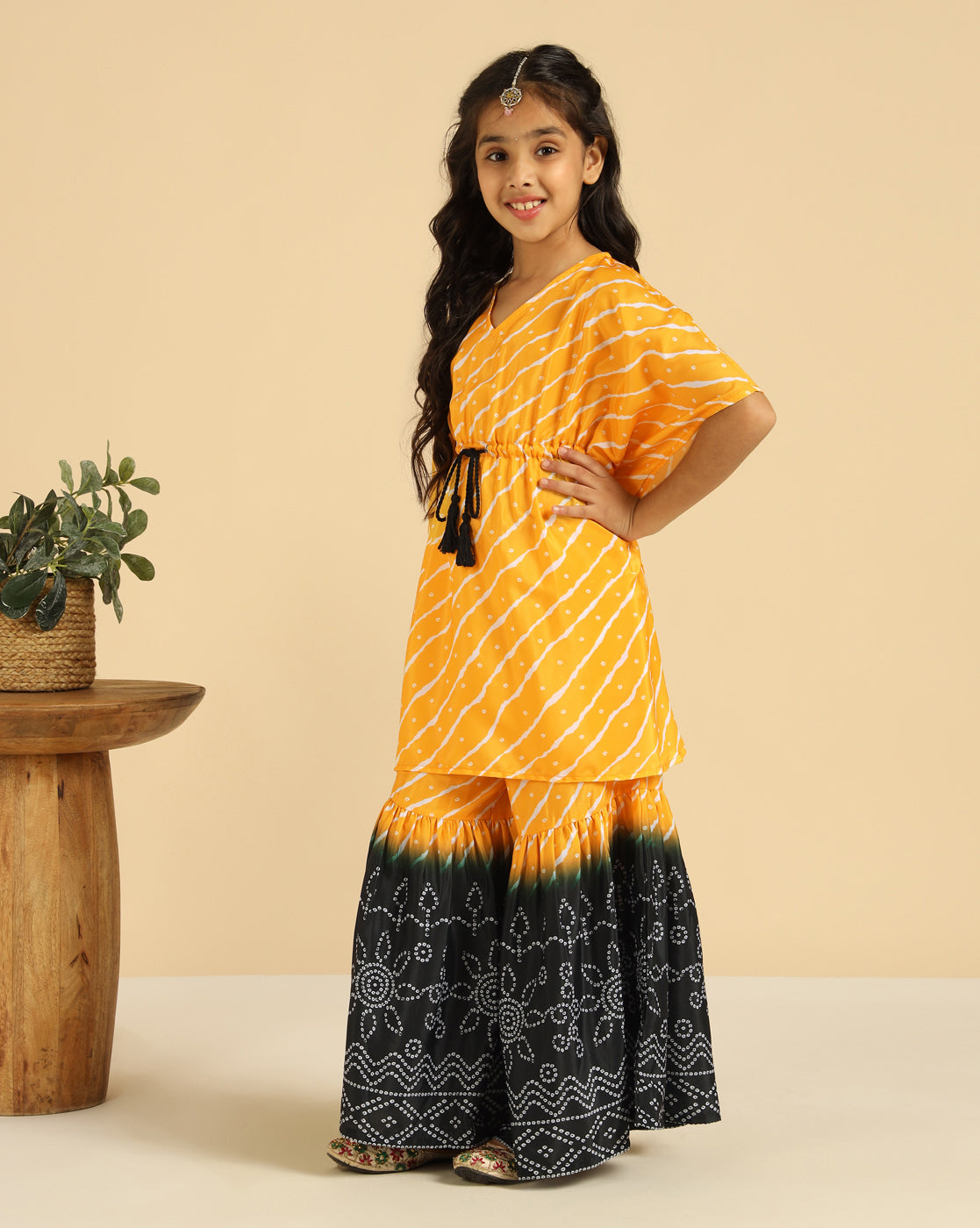 Yellow Striped Kaftan With Sharara Indo Western Girls Co-Ord Set