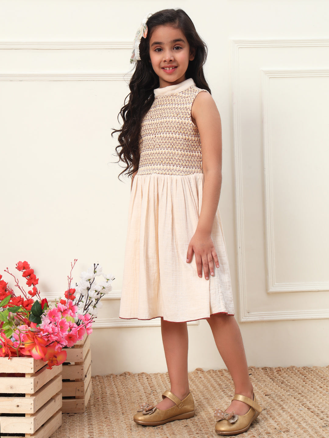 Knee Length Colorful Smocking Dress