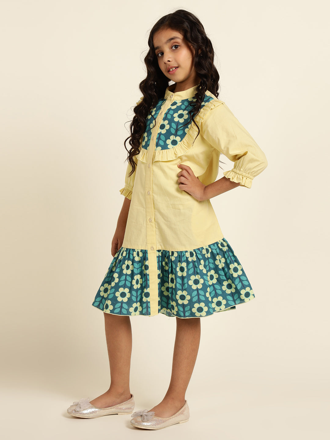 Pure Cotton Floral Printed Girls Tiered Shirt Dress