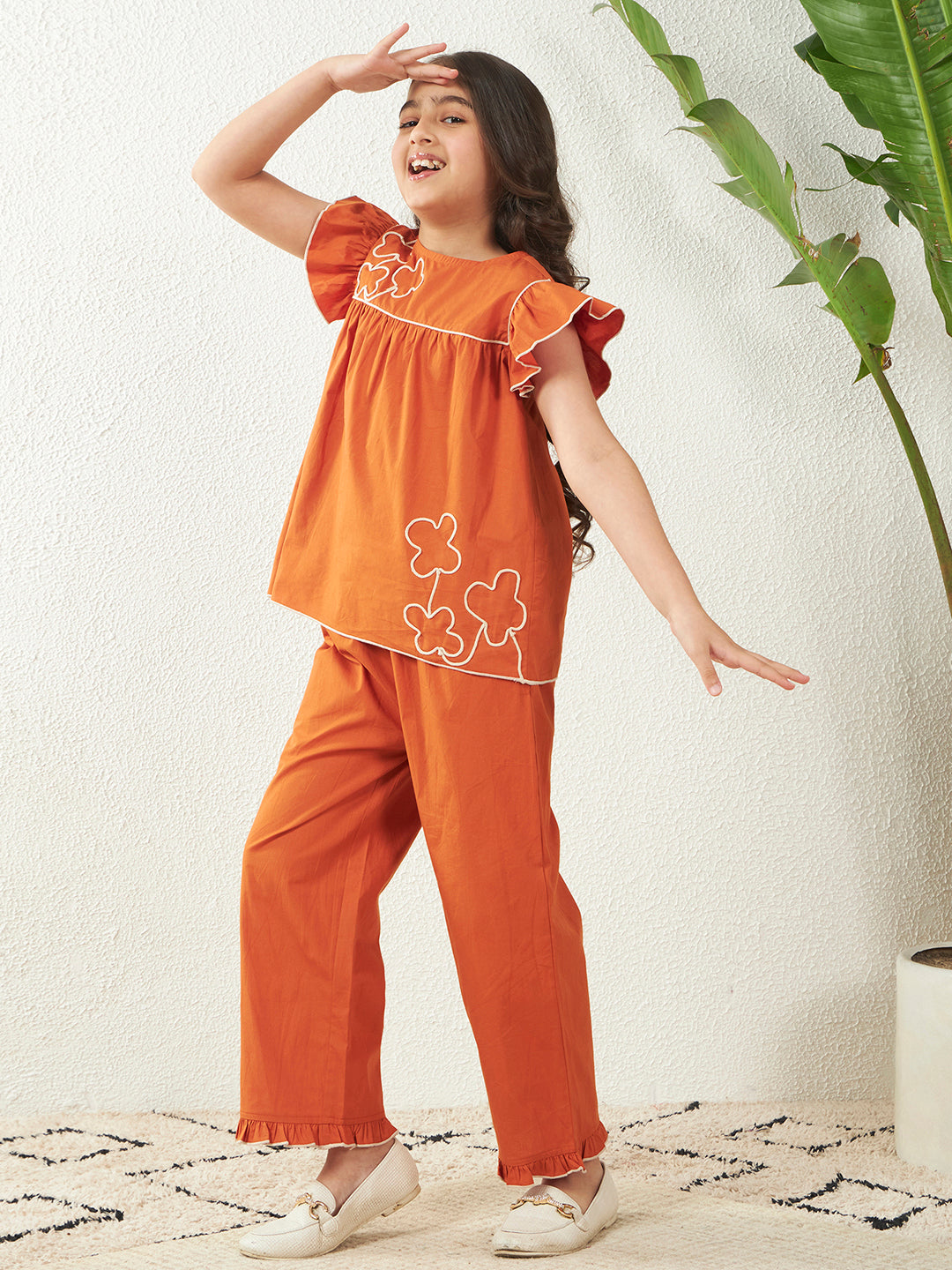 Girls Tan Brown Cotton Poplin Dori Work Top & Frill Pant Co-Ord Set