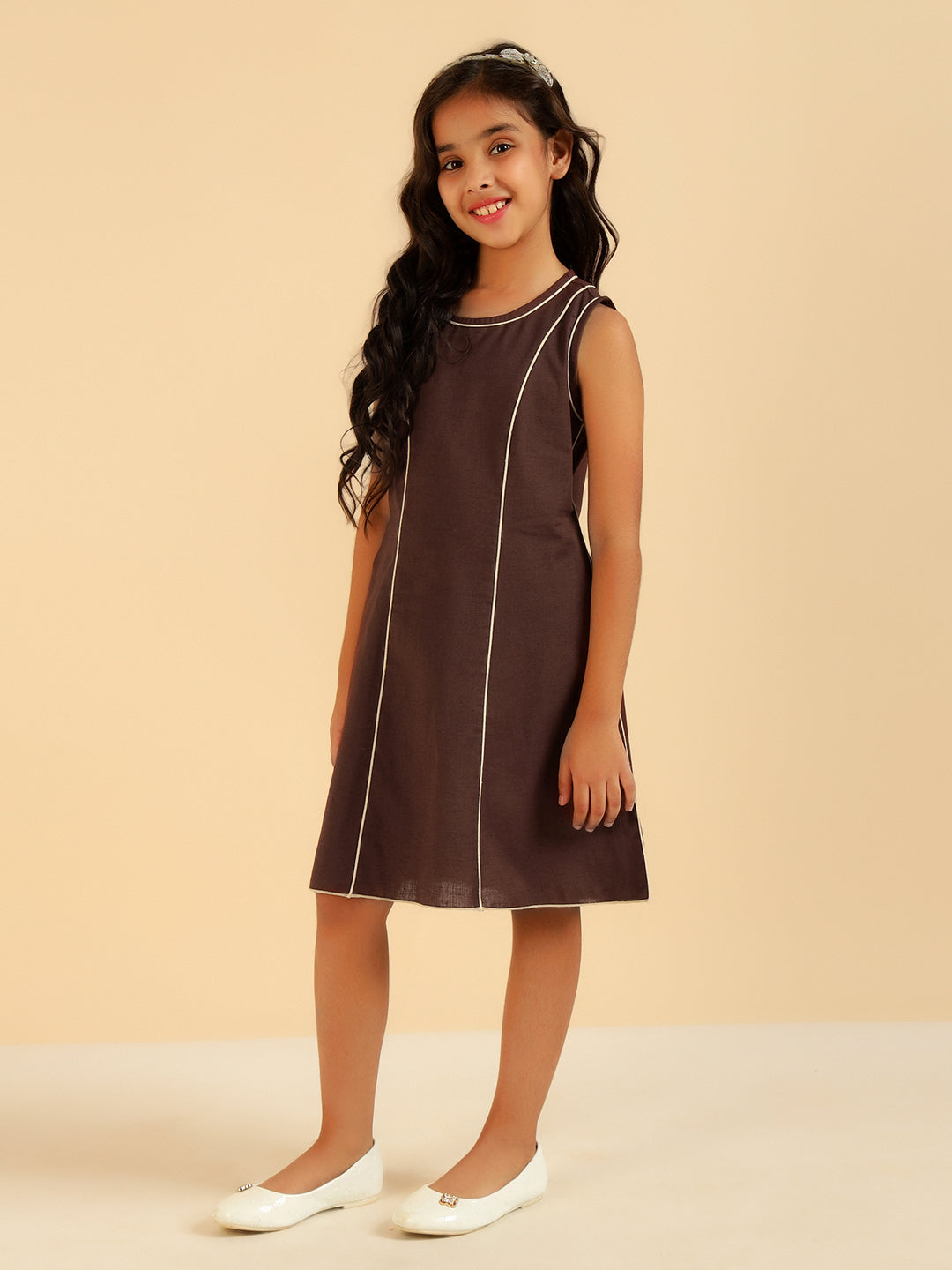 Pure Cotton Brown Panel Girls Dress