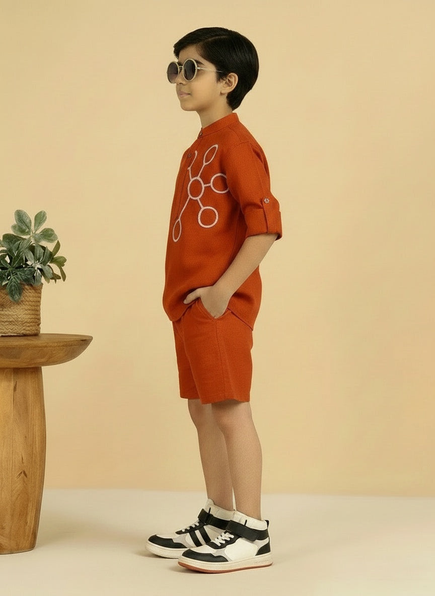 Orange Cotton  Mandarin Solid Short Kurta With Shorts Co-ord Set