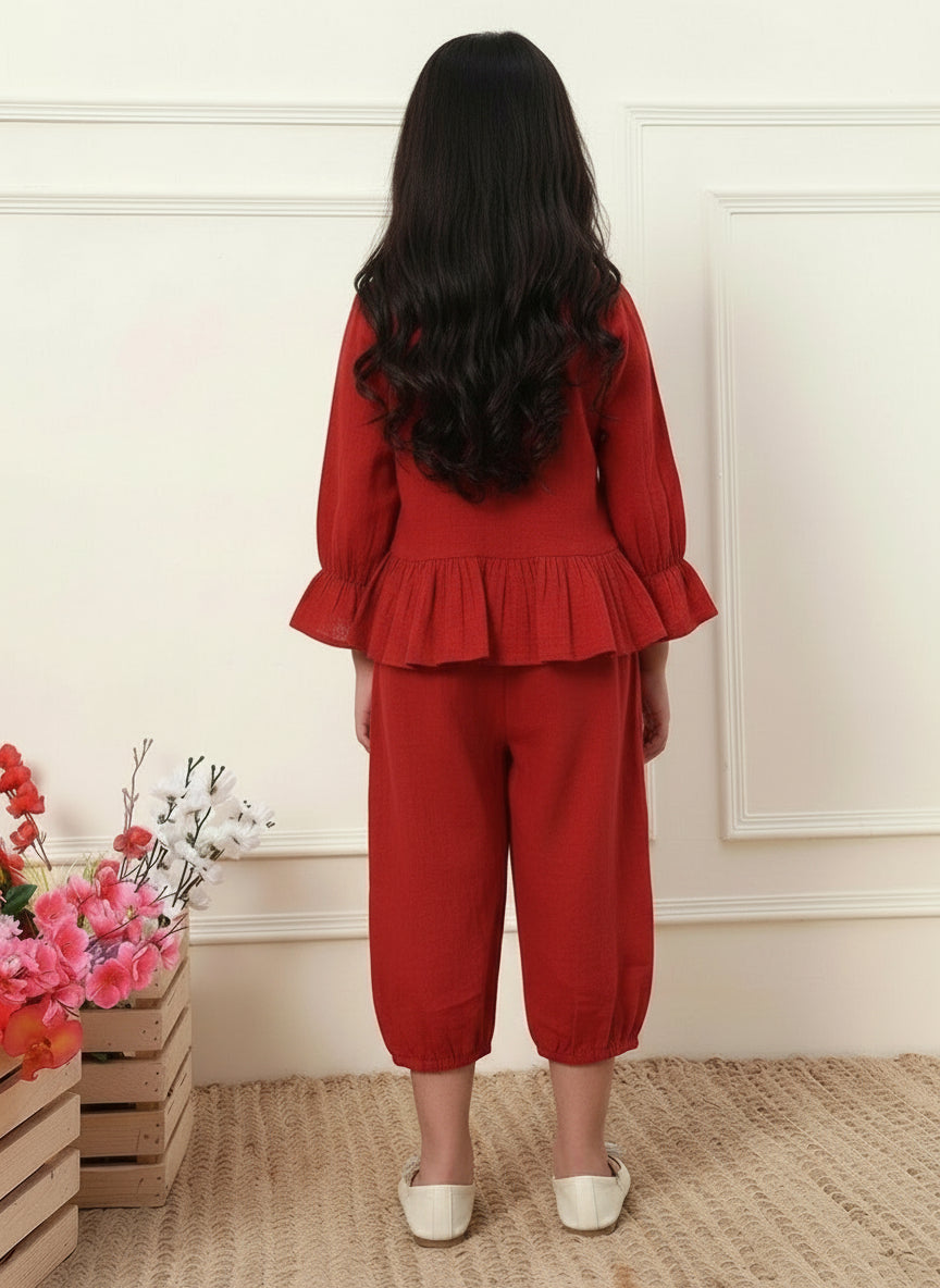 Red Cotton Round Neck Top With Pant Co-ord Set