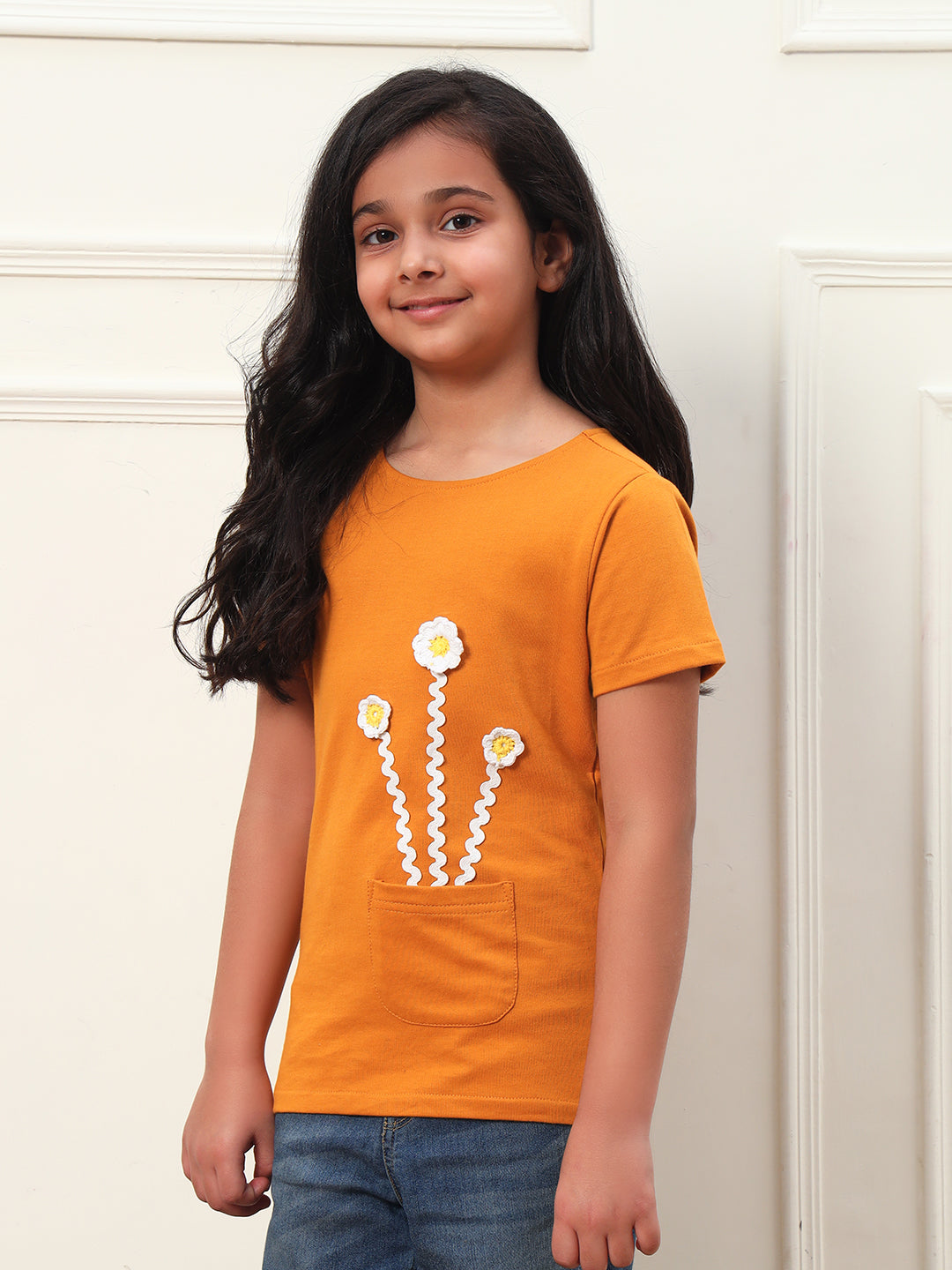 Flower Patch Solid T-Shirt For Girls
