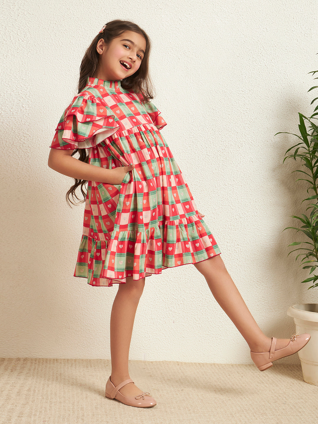 Girl's Multi Color Cotton Flex Check Print Knee Length Dress