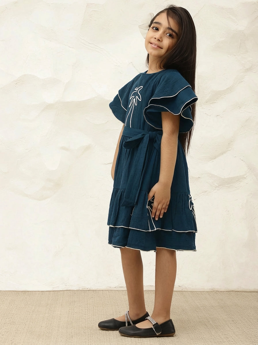 Embroidered Palm Motif Pure Cotton Gauze Dress For Girls