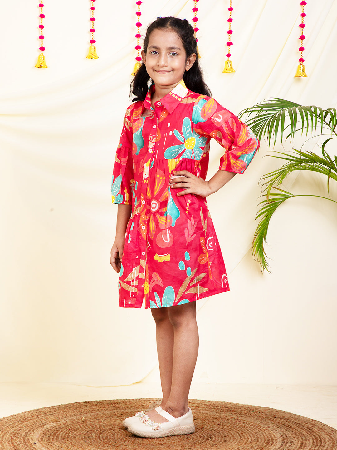 Floral Printed Gathered Girls Shirt Dress