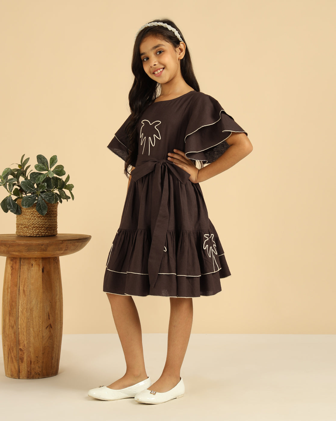 Brown Embroidered Palm Motif Pure Cotton Girls Dress
