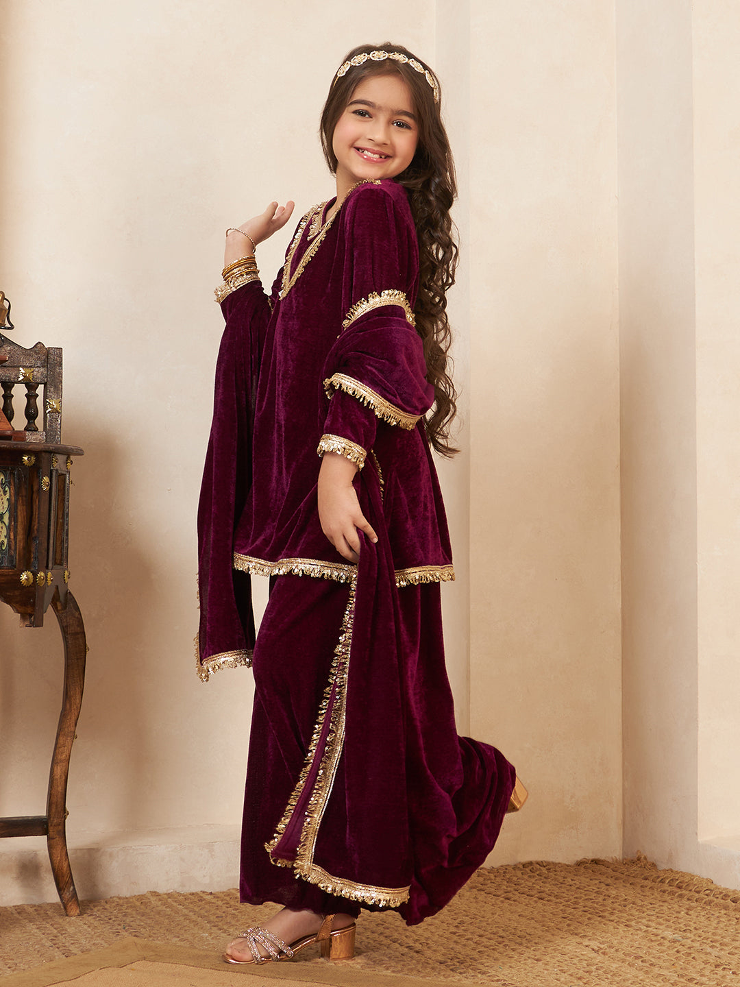 Wine Velvet 3 Pieces Co-Ord Set