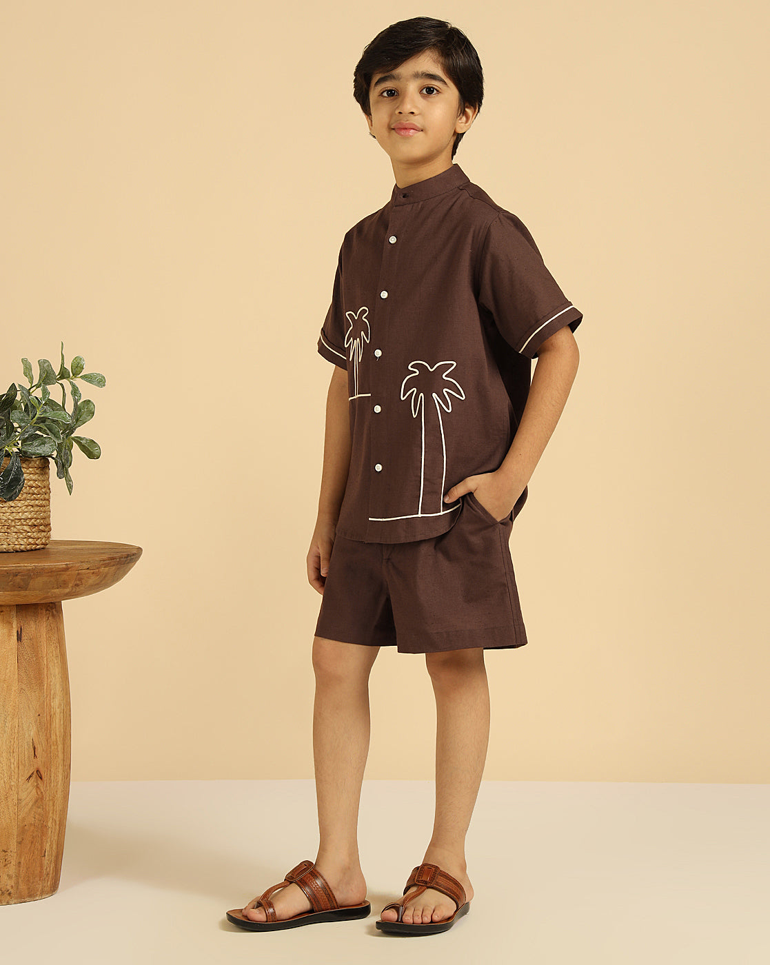 Brown Pure Cotton Embroidered Shirt With Shorts Boys Co-Ord Set