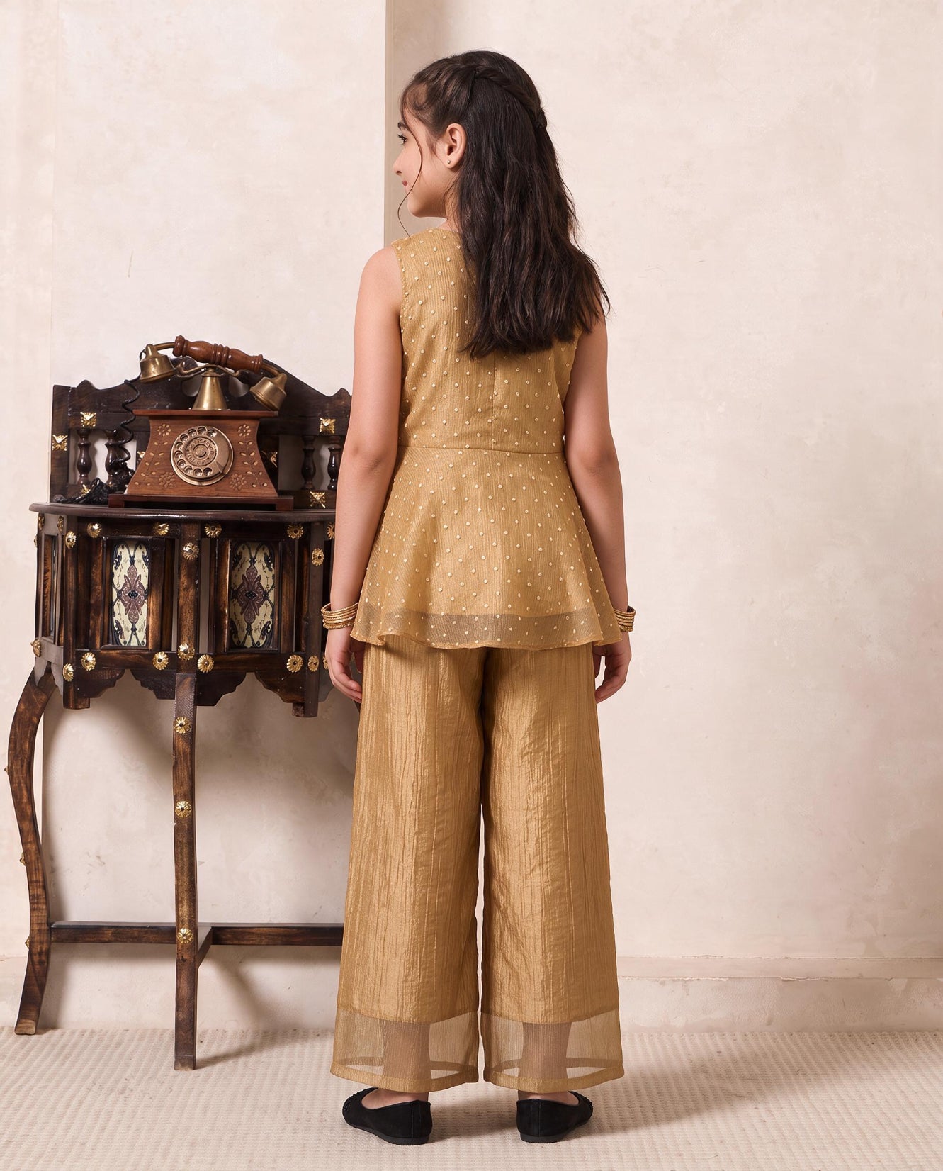 Girl's Golden Solid Shimmer Butta Peplum Top & Palazzo Set