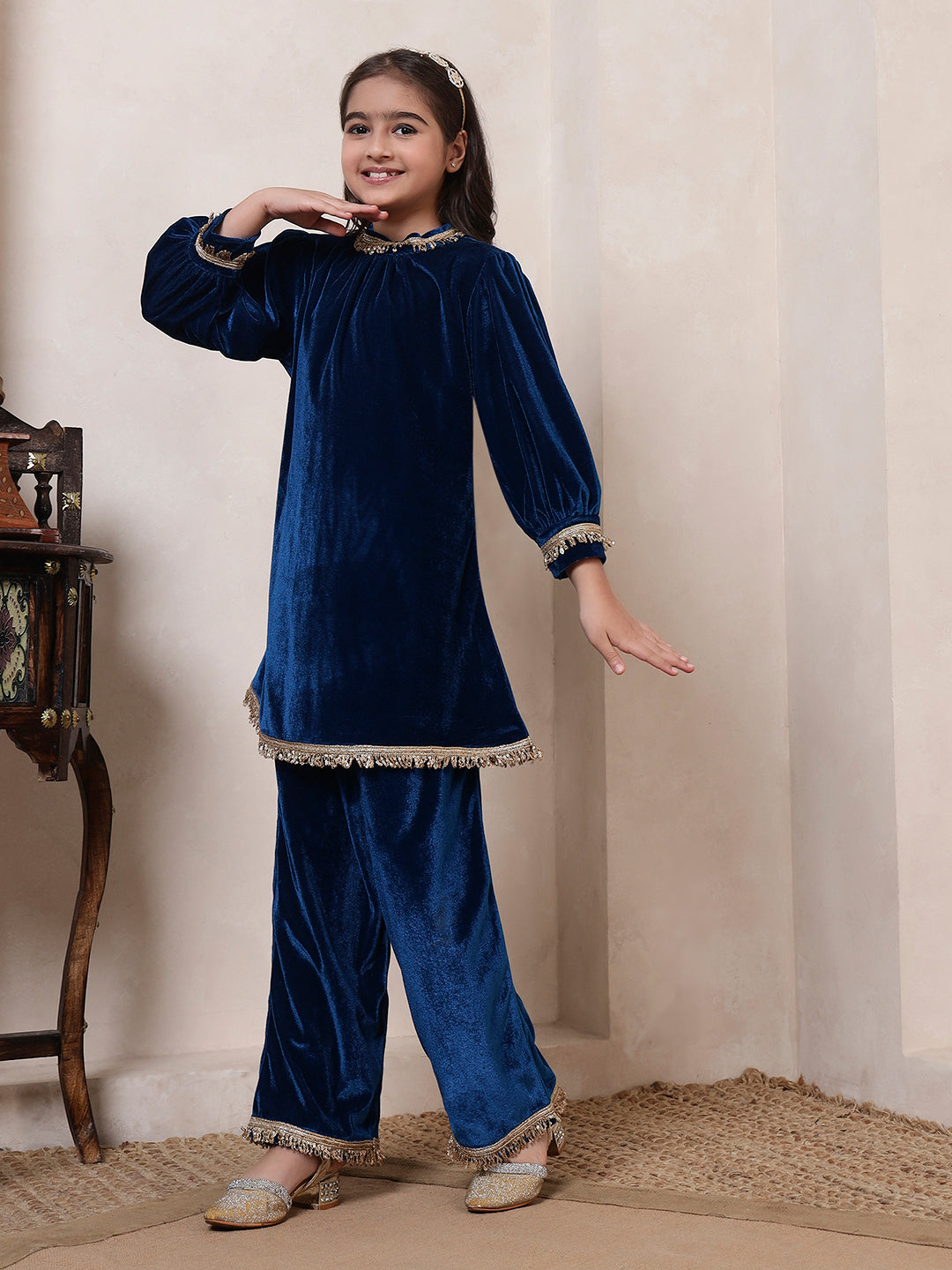 Teal Blue Velvet Band Collar Kurta Set