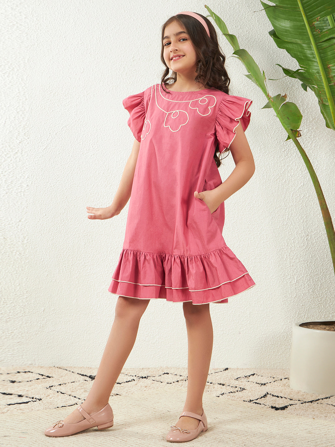 Girls Pink Cotton Poplin Floral Dori Work A-Line Dress