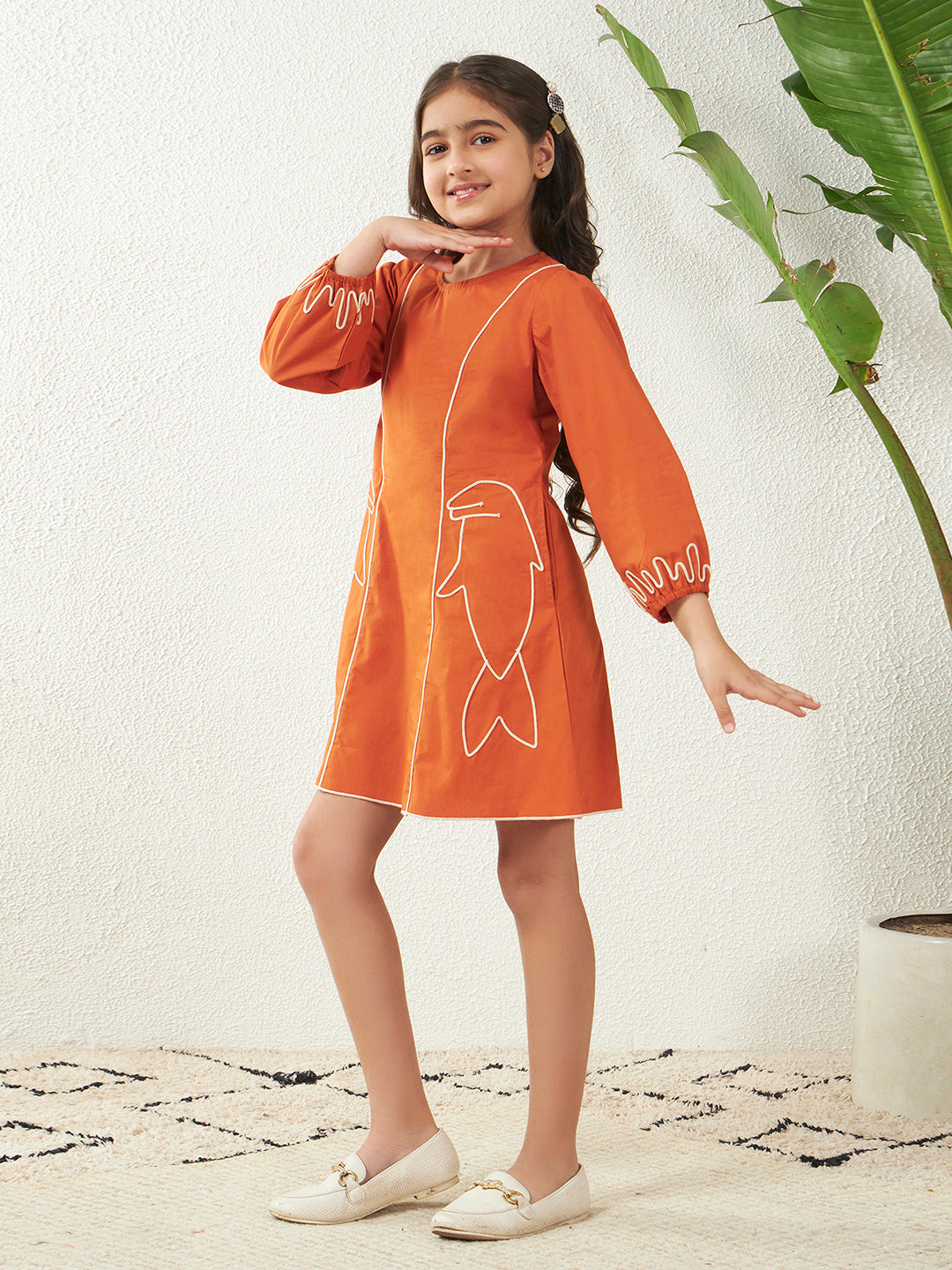 Tan Cotton Round Neck Fish Motif Above Knee Length Dress