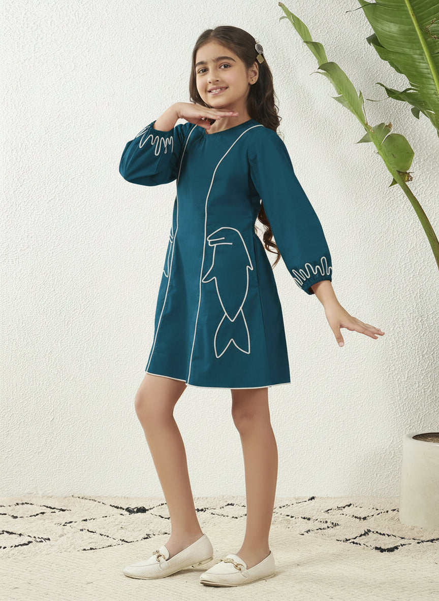 Fish Motif Teal Brown Cotton Panel Dress