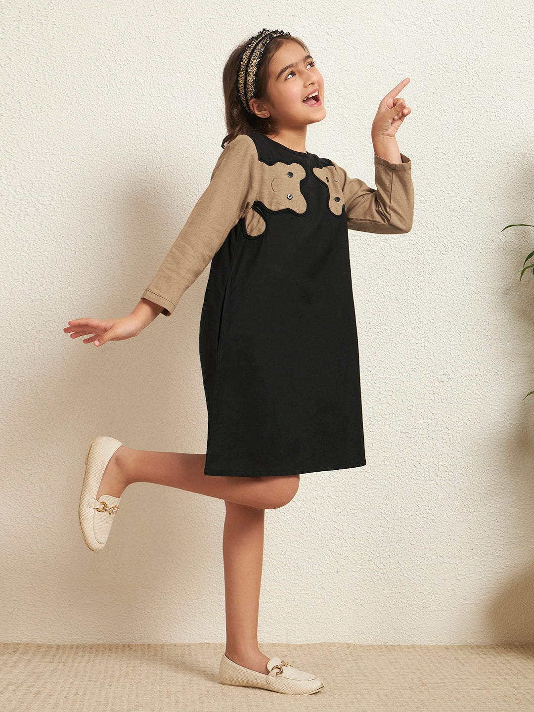 Girl's Black Cotton Flex Solid A-Line Style Dress