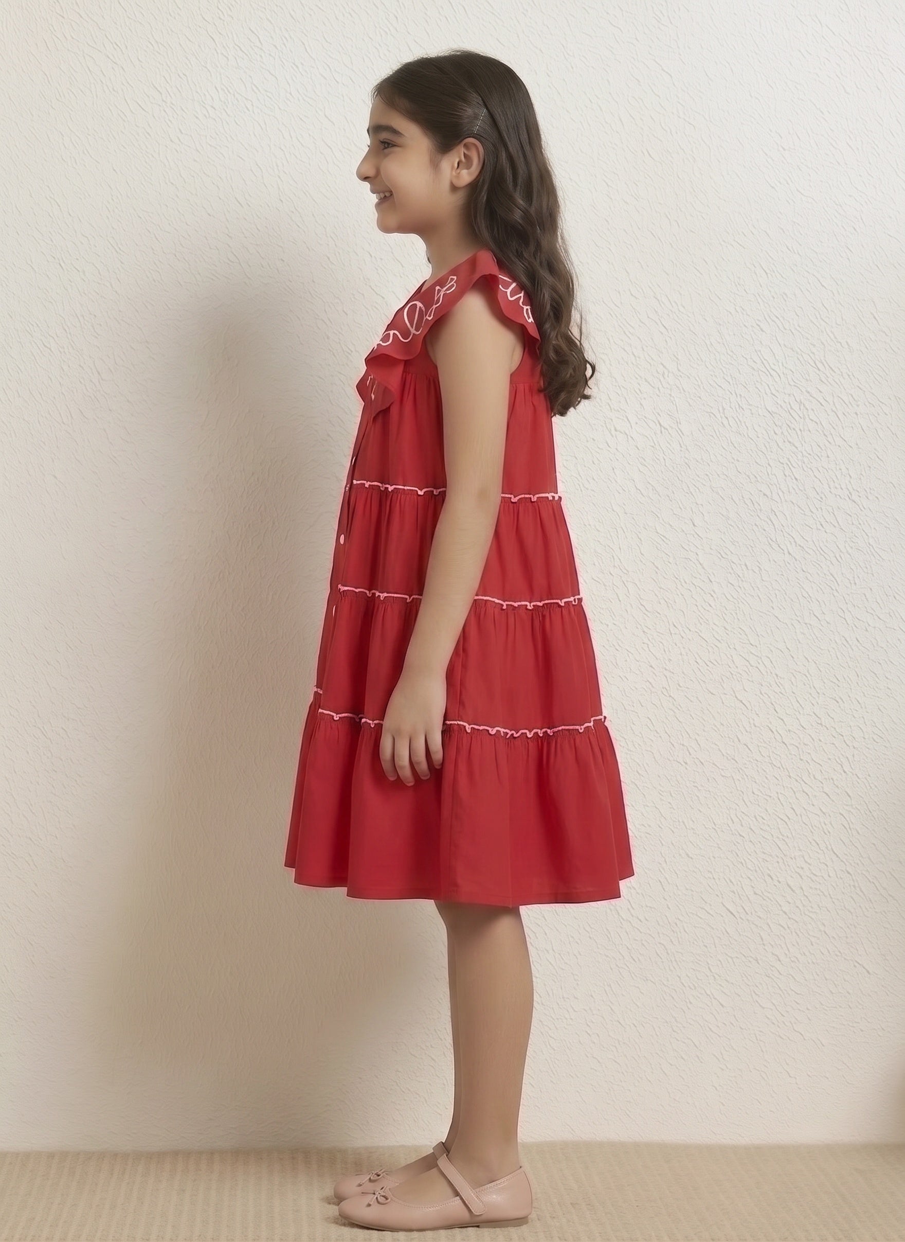 RED SHIRT STYLE TIERED DRESS FOR GIRLS