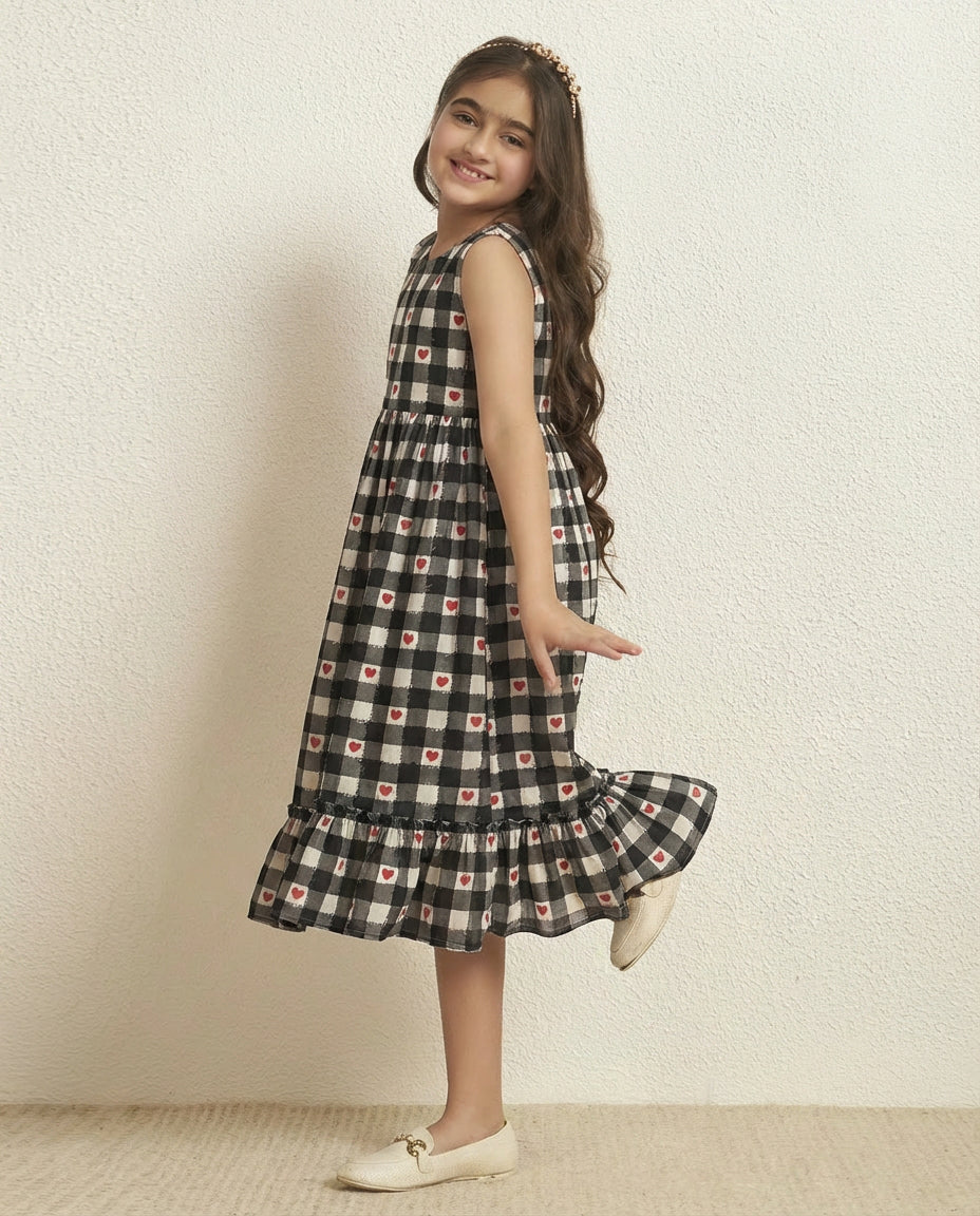 Girl's Black Cotton Check Heart Print Tiered Dress