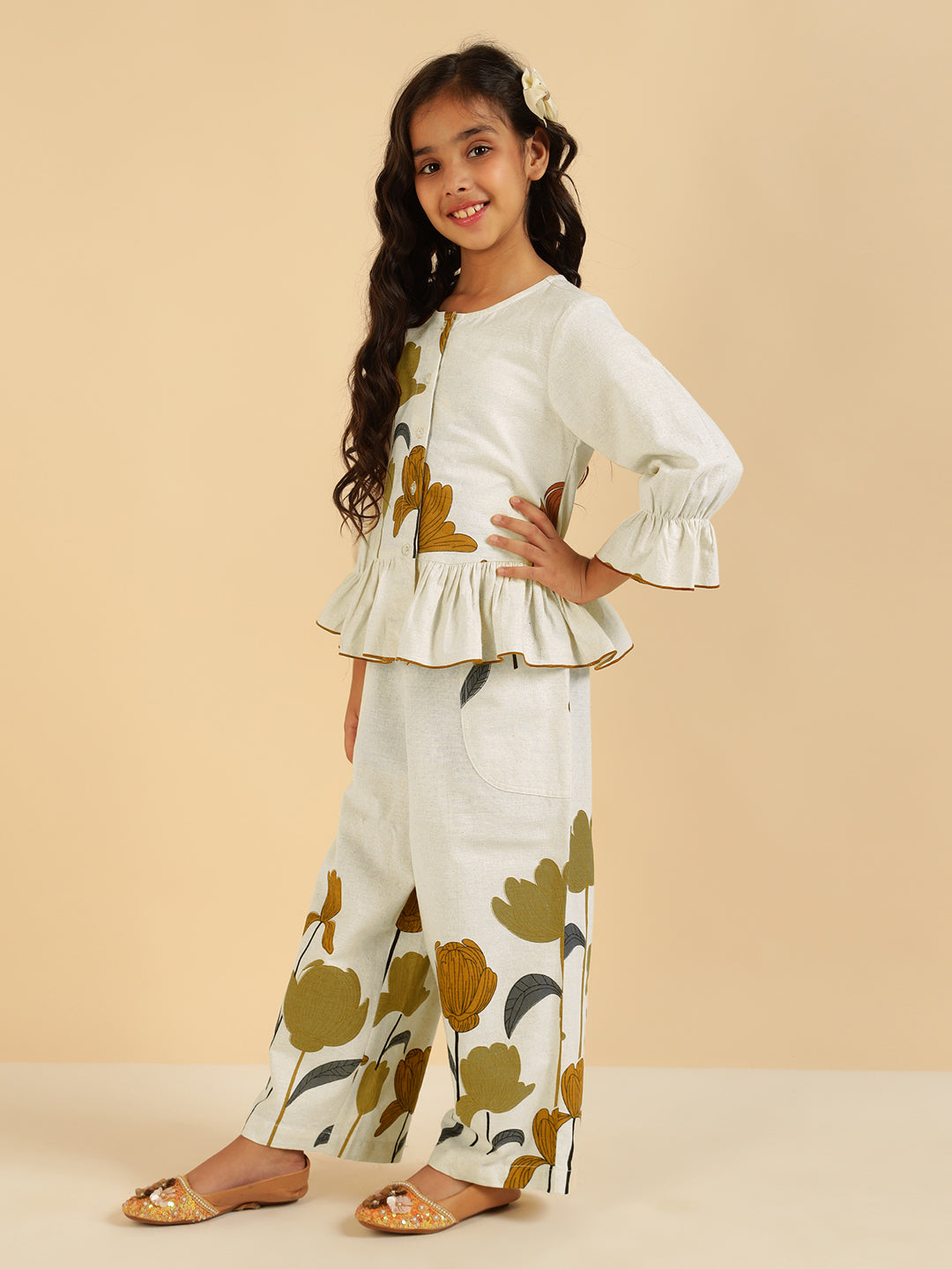 Self Printed Peplum Shirt With Pant Girls Co-Ord Set