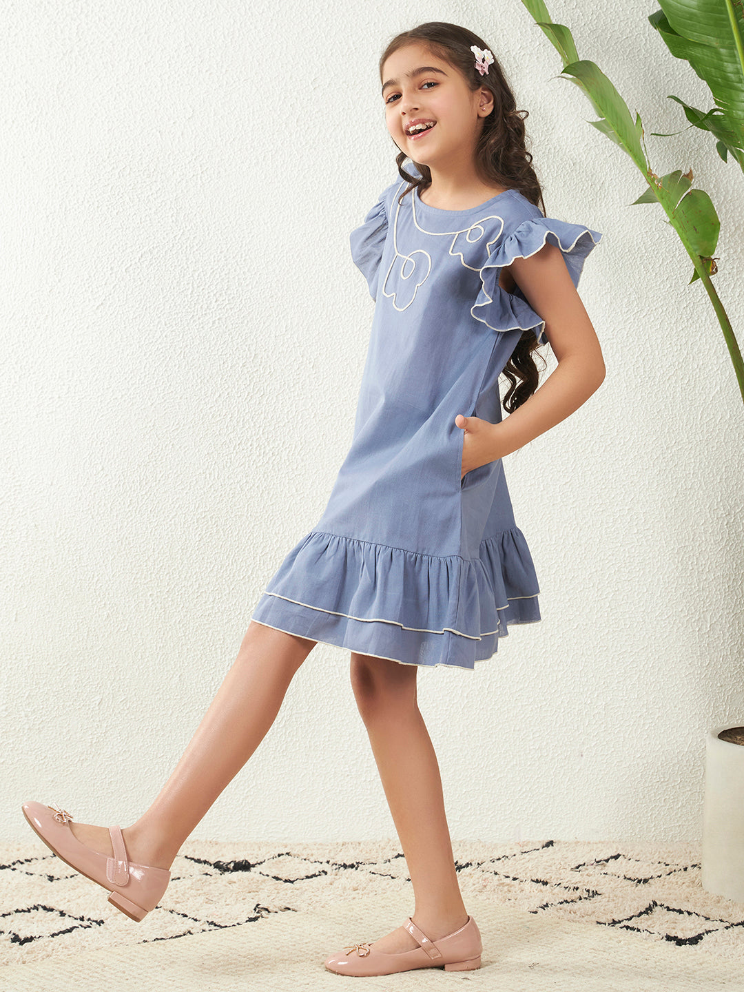 Girls Slate Grey Cotton Poplin Floral Dori Work A-Line Dress