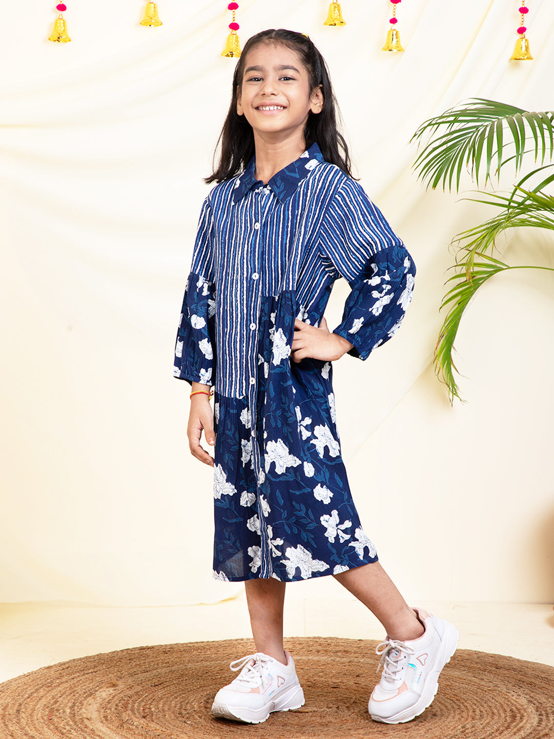 Indigo Printed Gathered Girls Shirt Dress