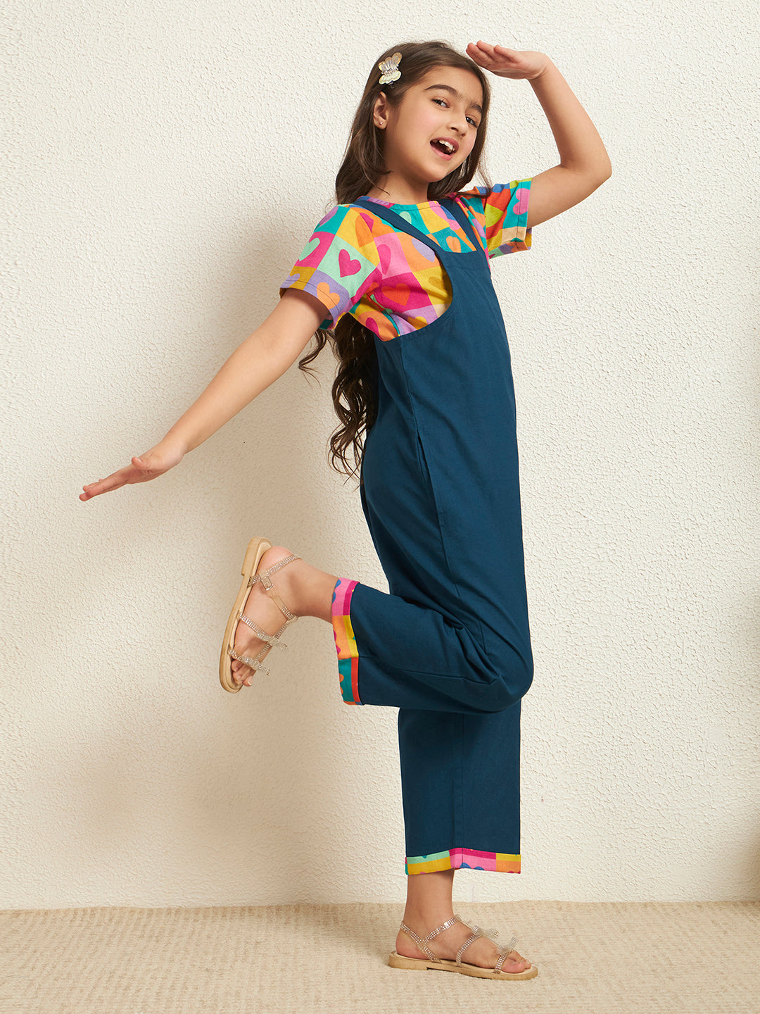Teal Blue Cotton Poplin Heart Print With Solid Pattern Girl's Jumpsuit Set
