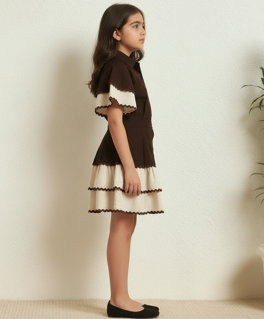 Border Lace Solid Shirt With Layered Skirt Girls Co-ord Set