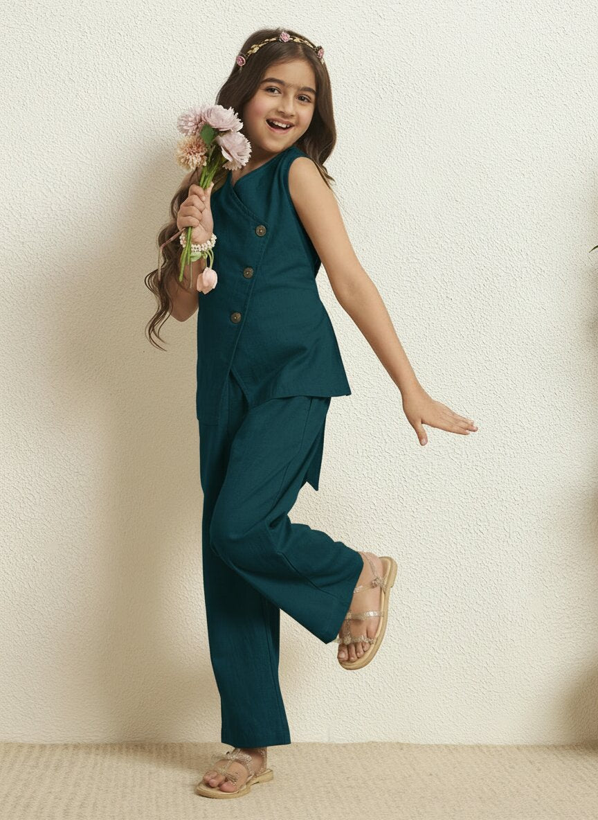 Girls Teal Blue Cotton Blazer With Pant Co-Ord Set