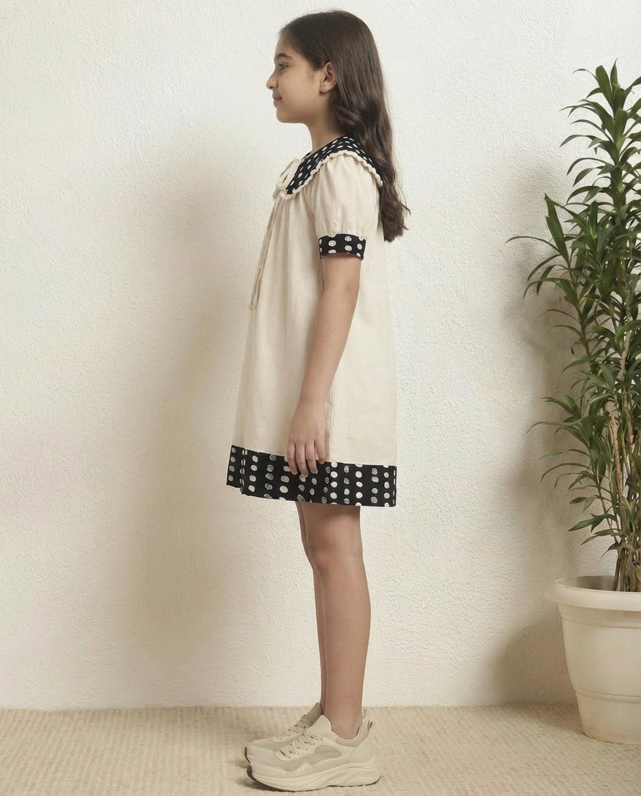 Off White Cotton With Black Polka Girls A-Line Dress