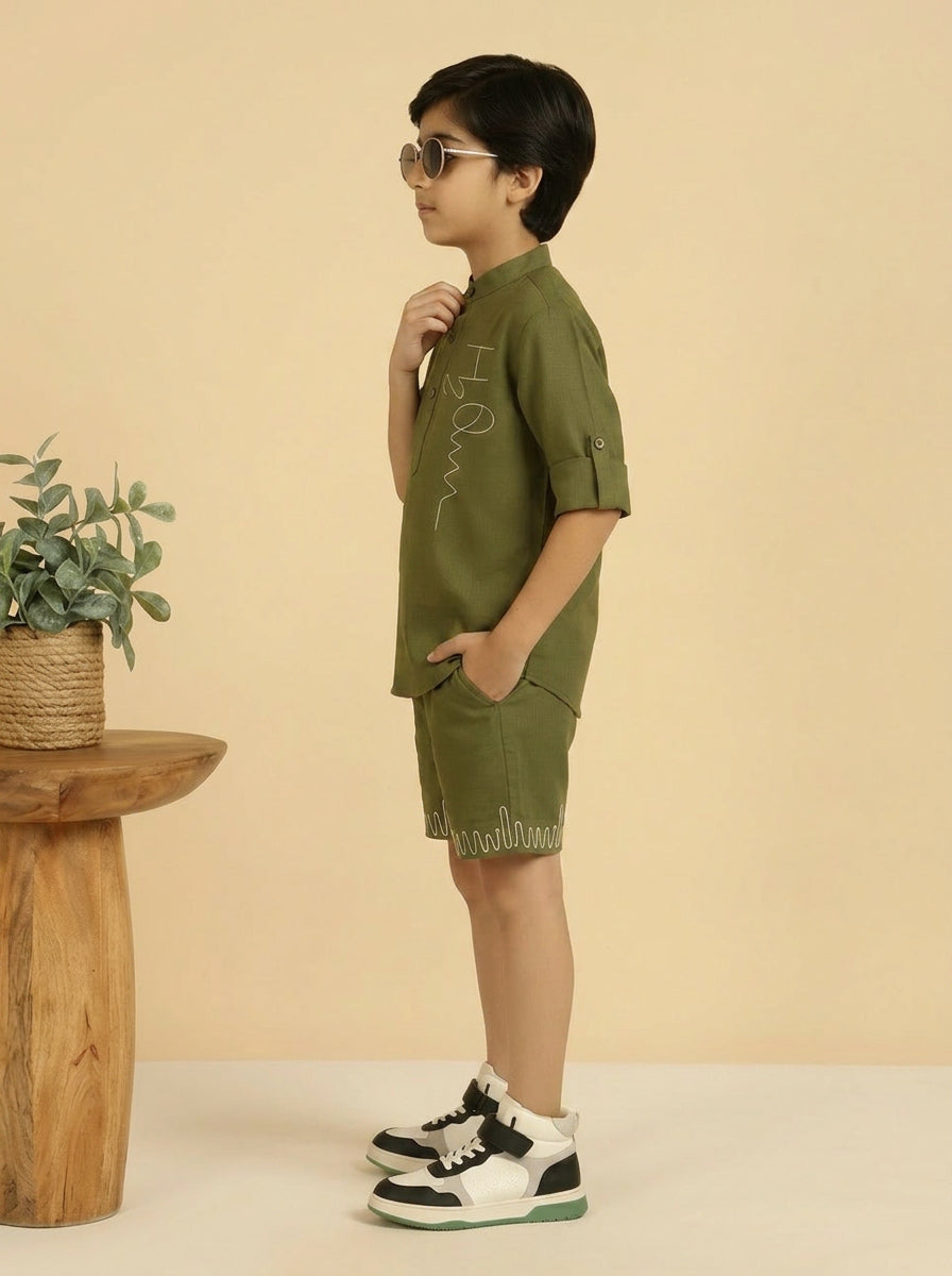 Olive Green Cotton Mandarin Collar Embroidered Short Kurta With Short Co-ord Set