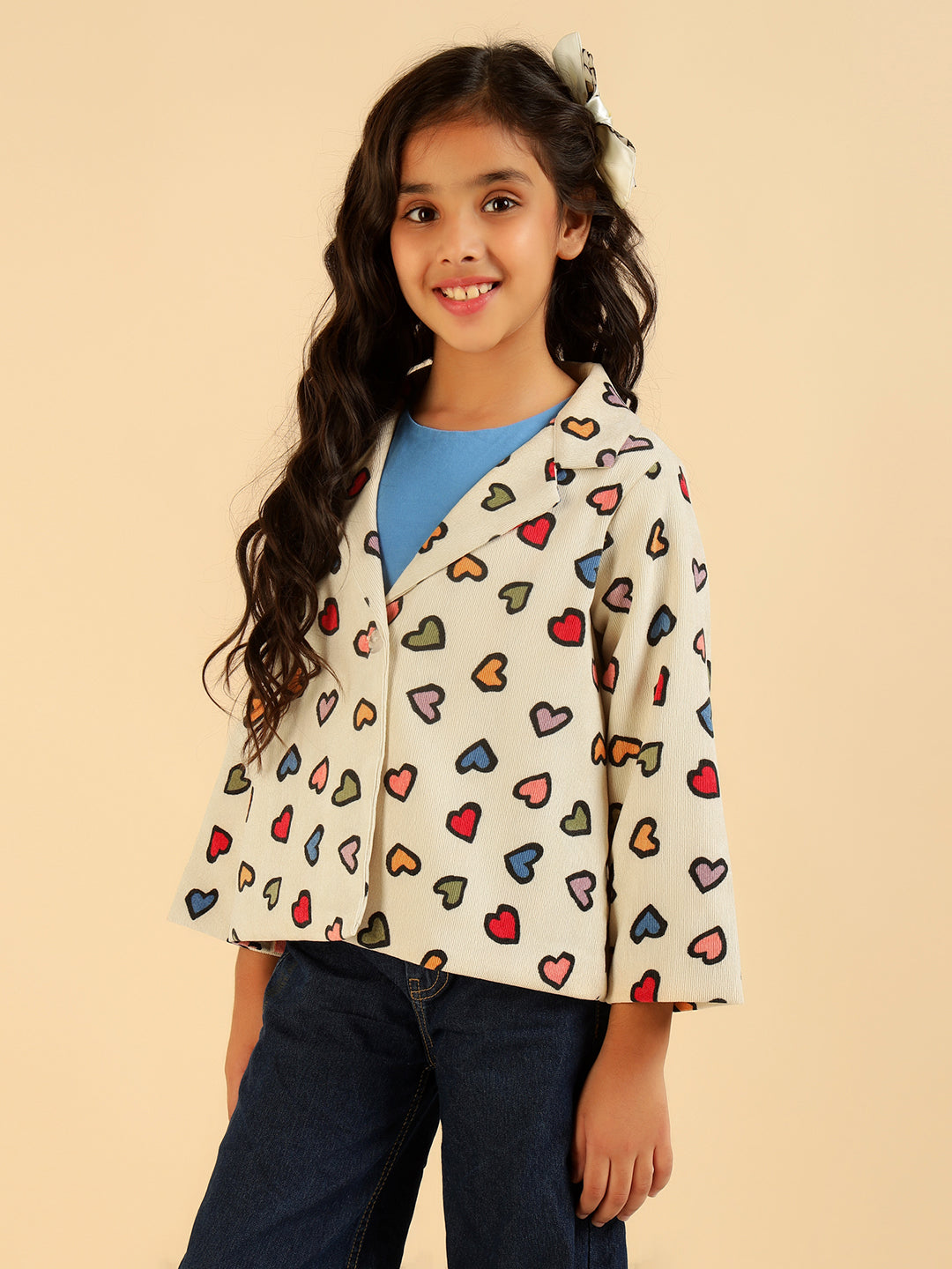 Girl Full Sleeves MultiColor Heart Print Blazer