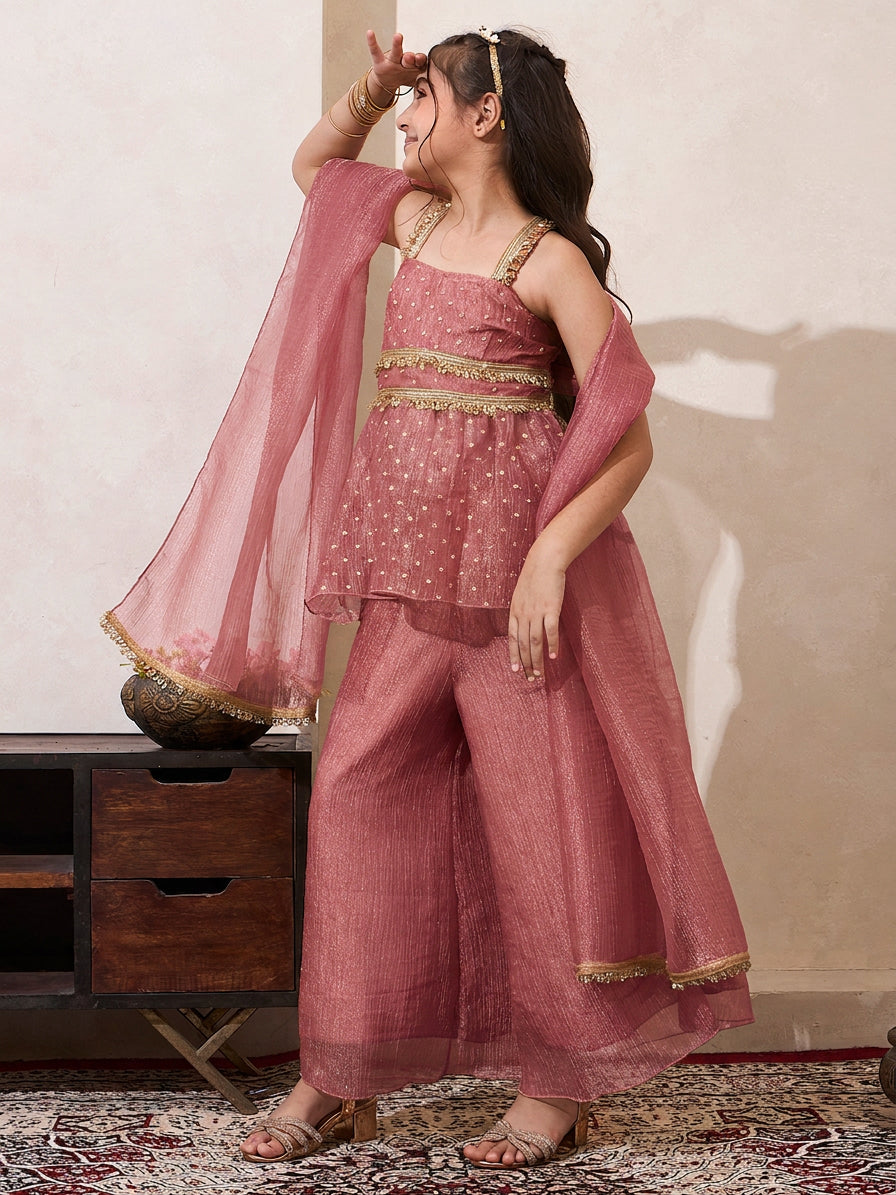 Pink Solid Shimmer Butta Work Peplum Top & Palazzo With Dupatta