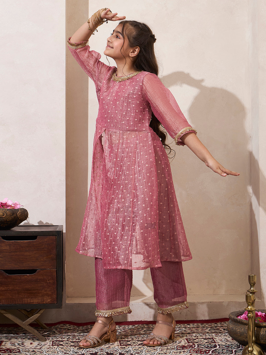 Girl's Pink Shimmer Butti Work Long Kurta & Pant Set