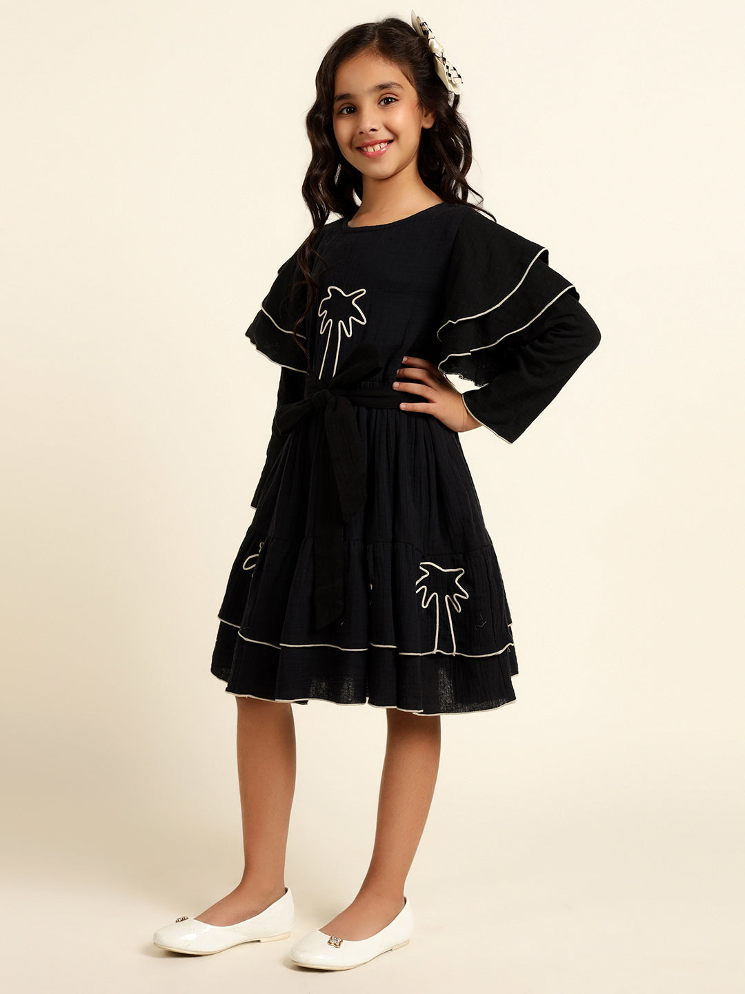 Black Embroidered Palm Motif Pure Cotton Dress For Girl