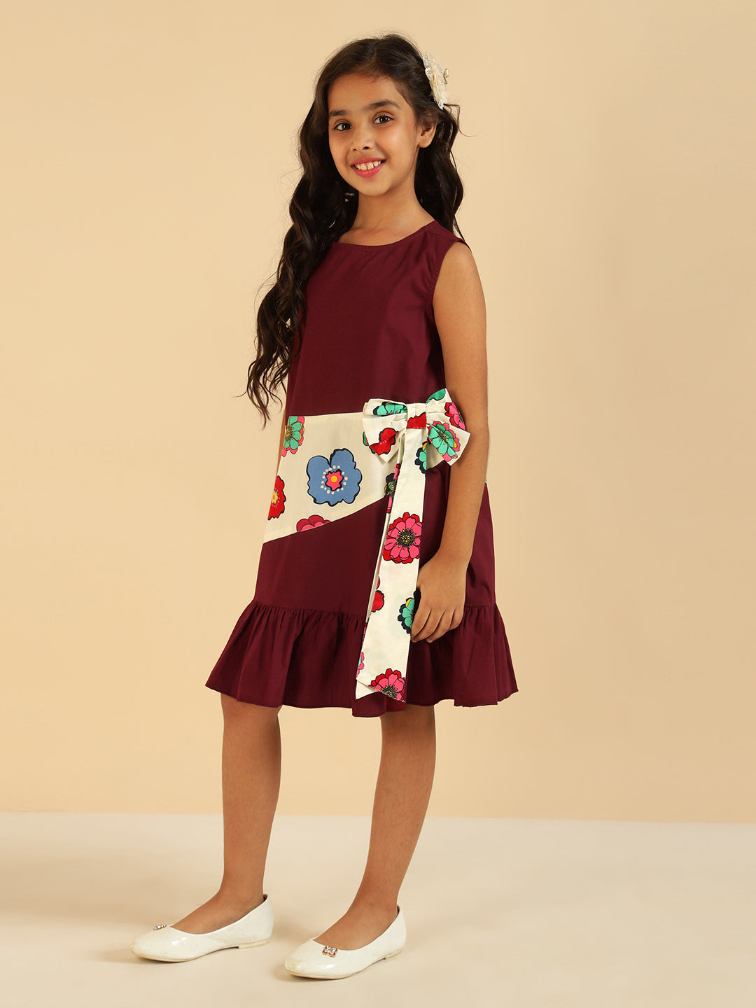 Wine With Floral Printed Bow Style Girls Dress